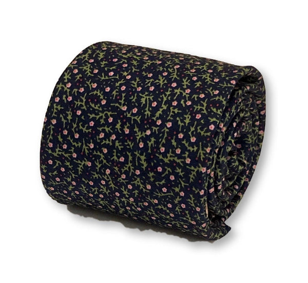 dark navy blue with pink ditsy flower print design cotton tie